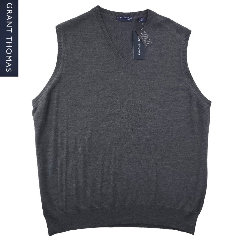 Grant Thomas Italian Merino Wool Sweater Vest Soft V-Neck Italy Gray Men XL NWT
